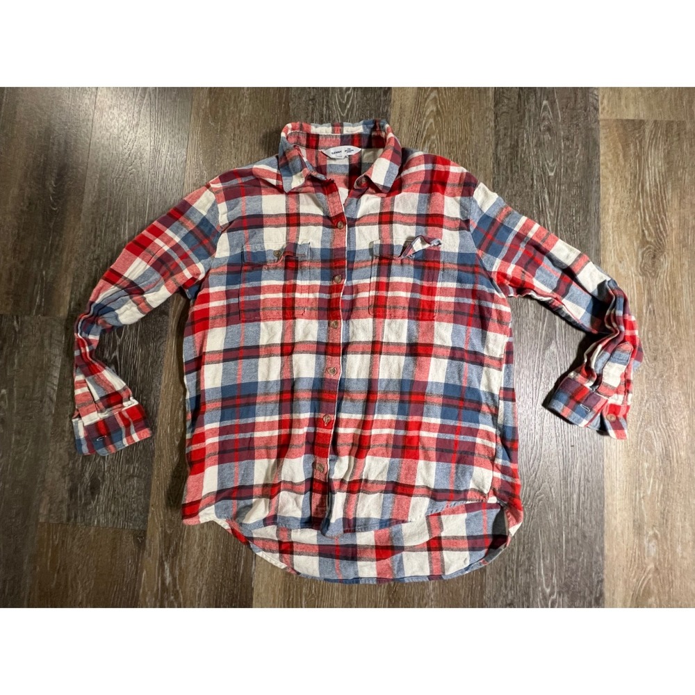 Old Navy Flannel Plaid The Boyfriend Shirt Womens Medium Red Blue White Button U